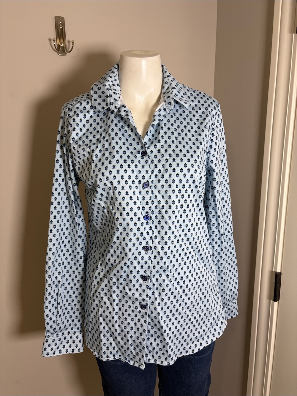 Souleiado Mouche fly print blouse Blue Long Sleeve Top Womens Sz 42 US 14 - Picture 2 of 11